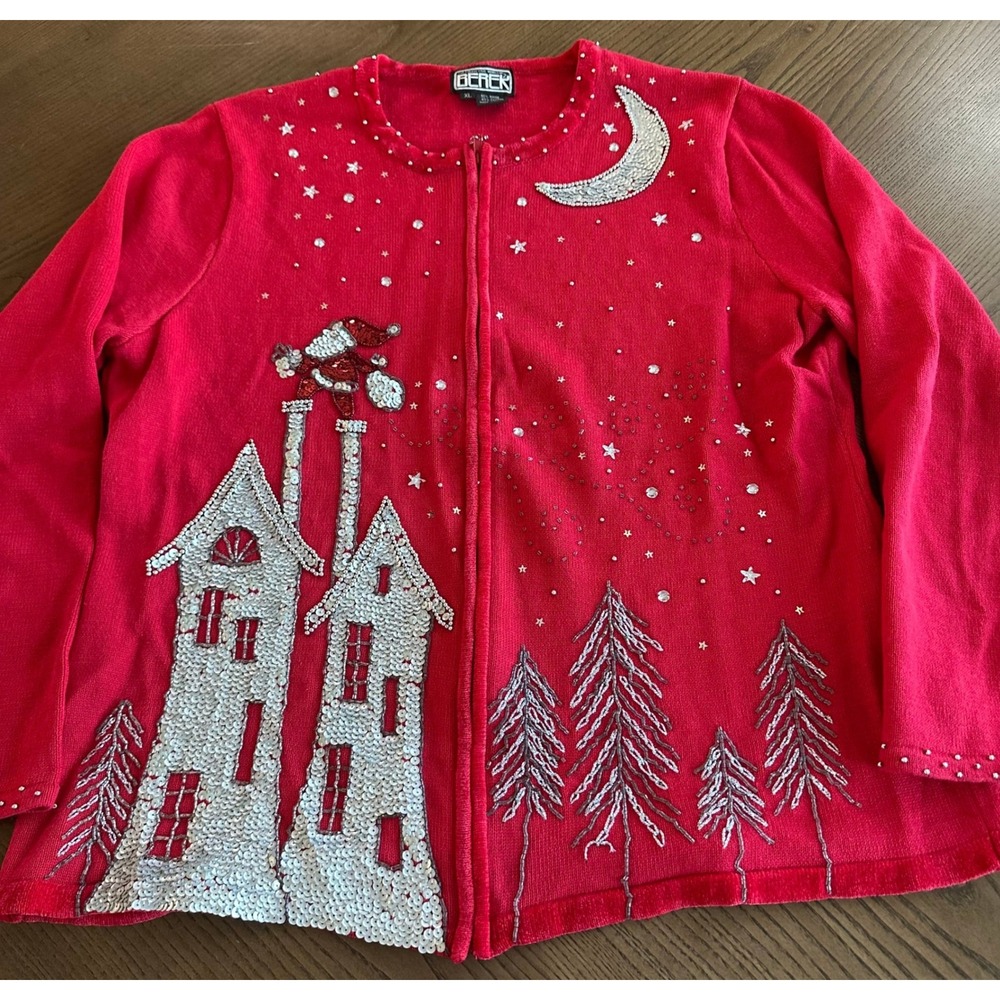 Vintage Berek Christmas Sweater Womens XL Red Sequin Santa Zip Front Cardigan